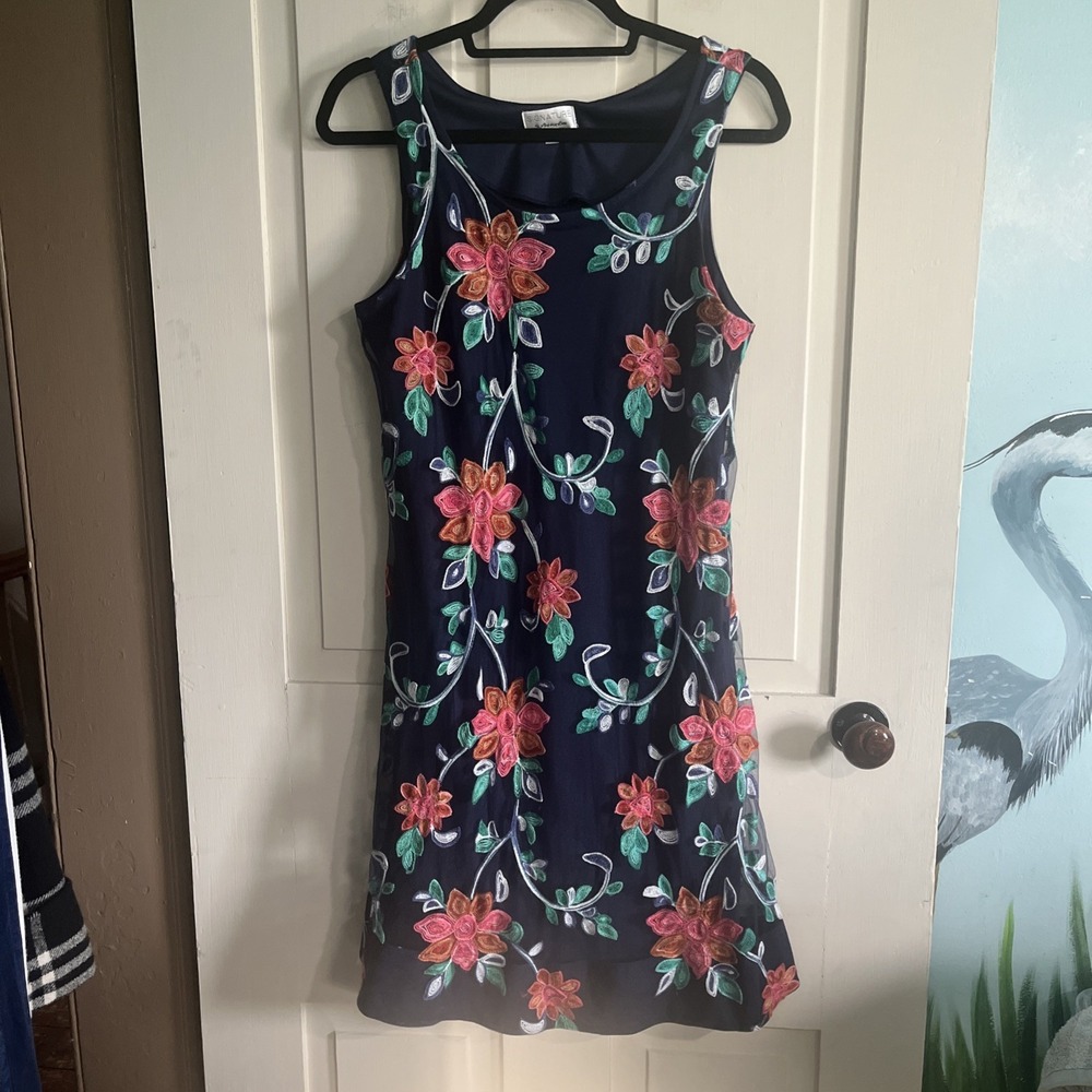 Womens Sz M Embroidered Floral Dress Signature By Robbie Bee Sheer Lined Garden